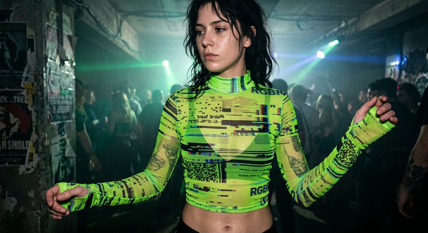 Anatomy Of A Cyberpunk Acid Green Glitch Print Mock Neck Thumbhole Cuff Sheer Micro Mesh Long Sleeve Baby Tee Top