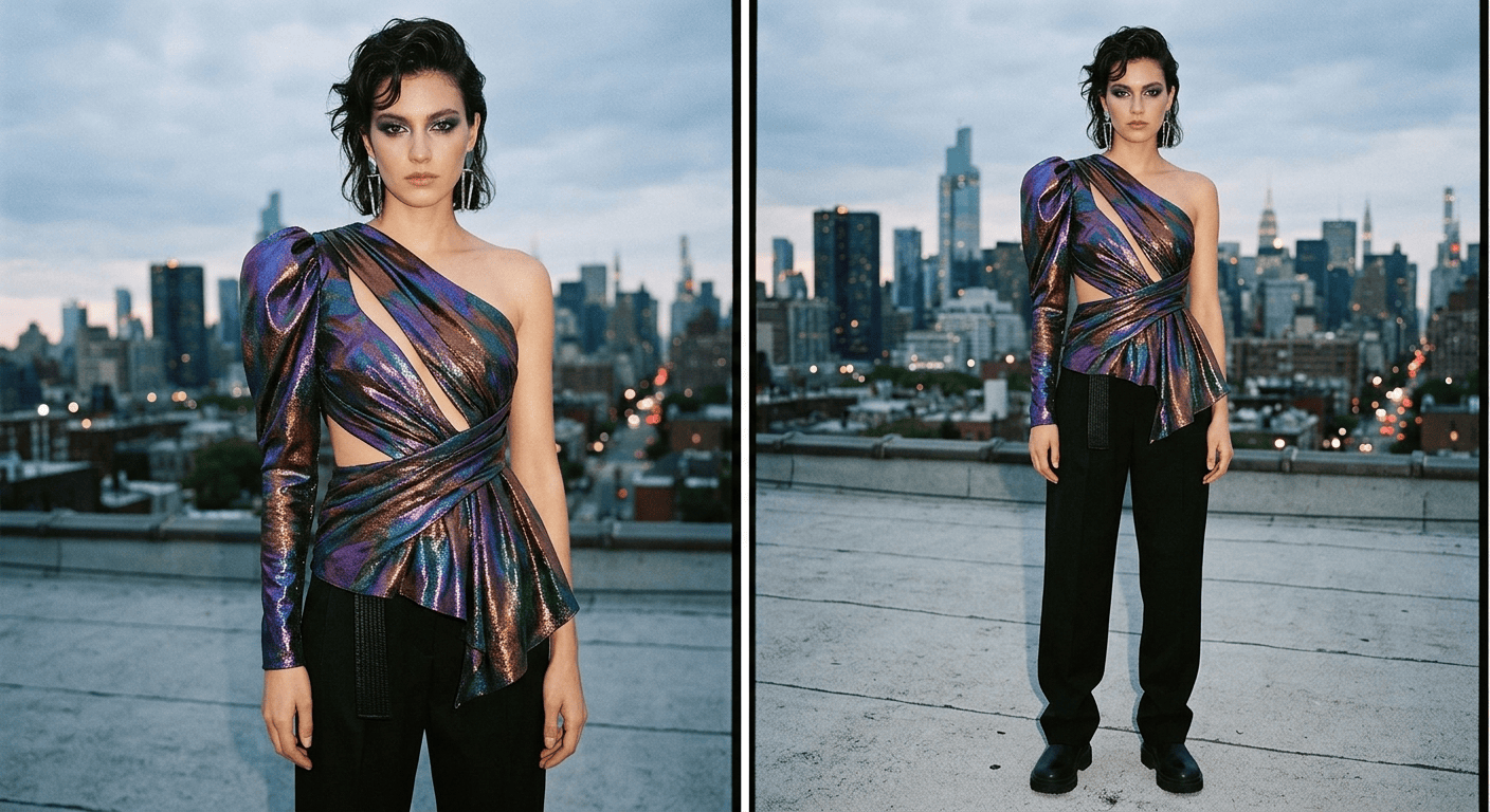 avant-garde iridescent metallic one-shoulder draped cutout shimmer lurex mesh blouse top