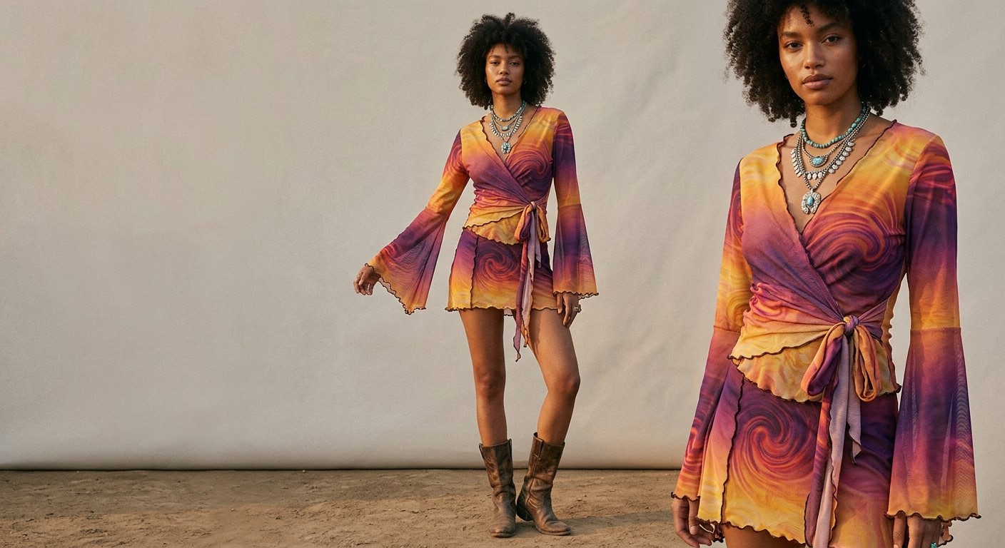 boho festival sunset ombre swirl lettuce trim bell sleeve tie-front recycled polyester mesh wrap top