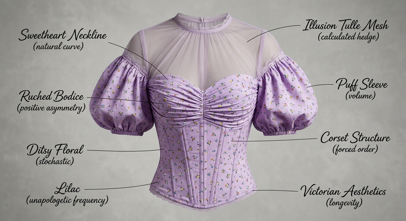 Romantic Victorian lilac ditsy floral ruched puff sleeve sweetheart illusion tulle mesh corset top